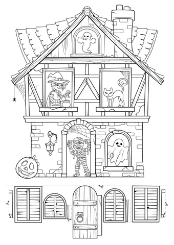 Create Haunted House With Surprise Characters Coloring Page